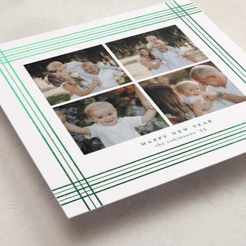 This is a elf shoes foil pressed holiday cards with foil pressed by Blustery August called plaid frame printing on recycled smooth signature in standard