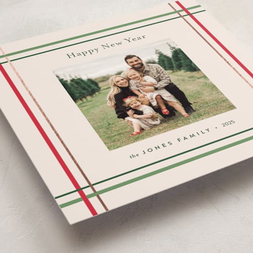 This is a vanilla foil pressed holiday cards with foil pressed by Poised Avenue called perfectly plaid printing on recycled smooth signature in standard