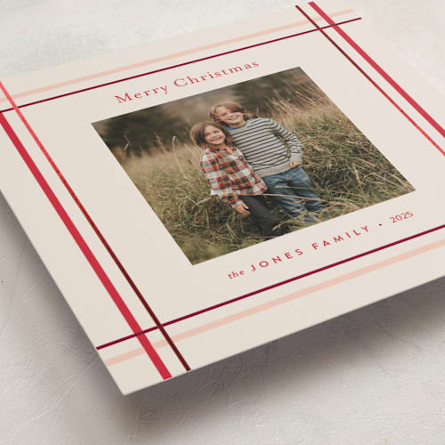 This is a peppermint foil pressed holiday cards with foil pressed by Poised Avenue called perfectly plaid printing on recycled smooth signature in standard