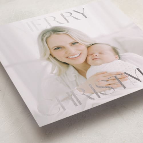 This is a tinsel foil pressed holiday cards with foil pressed by Angela Thompson called merry squary printing on recycled smooth signature in standard