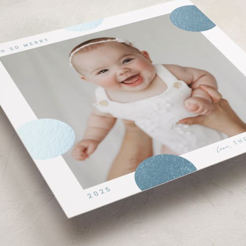 This is a blue jay foil pressed holiday cards with foil pressed by Blustery August called pompom printing on recycled smooth signature in standard