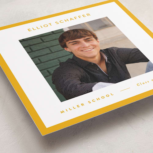 This is a golden graduation announcements with standard by JoAnn Jinks called square printing on recycled smooth signature in standard