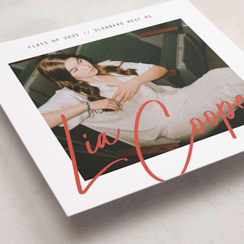 This is a licorice graduation announcements with standard by Erin German called signature snapshot printing on recycled smooth signature in standard