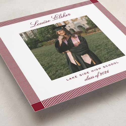 This is a crimson graduation announcements with standard by Pati Cascino called boxy printing on recycled smooth signature in standard