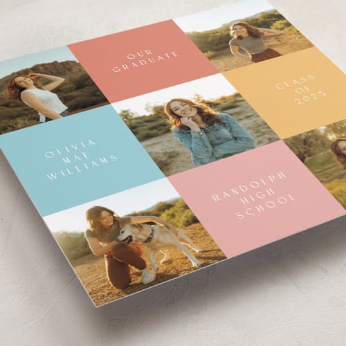 This is a cinnamon graduation announcements with standard by Randi Cirelli called stacking up printing on recycled smooth signature in standard