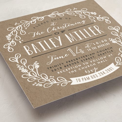 This is a kraft baptism and christening announcements with standard by Alethea and Ruth called kraft circle printing on signature in standard