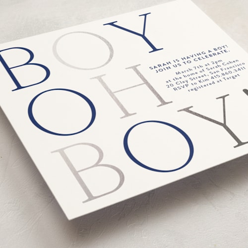 This is a snow foil stamped baby shower invitations with foil pressed by Annie Shapiro called boy oh boy! printing on signature in standard