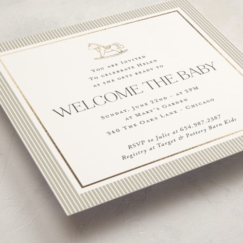 This is a stone foil stamped baby shower invitations with foil pressed by Lucrecia Caporale called sweet stripes printing on signature in standard