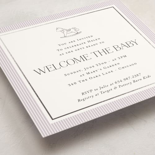 This is a lilac foil stamped baby shower invitations with foil pressed by Lucrecia Caporale called sweet stripes printing on signature in standard