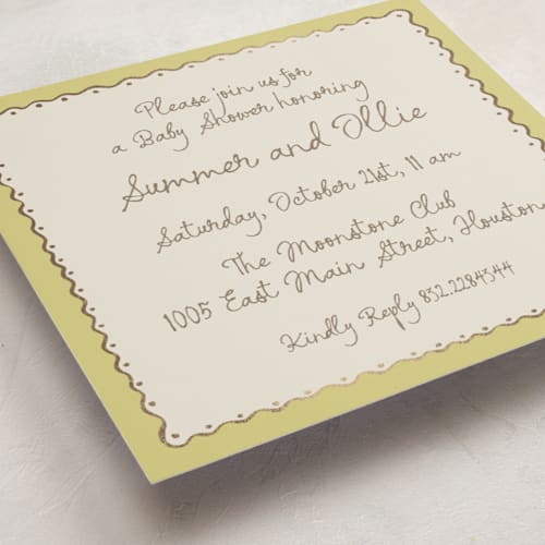 This is a citrus foil stamped baby shower invitations with foil pressed by Pati Cascino called sugar printing on signature in standard