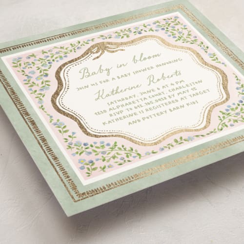 This is a garden glory foil stamped baby shower invitations with foil pressed by Creo Study called baby in bloom printing on signature in standard