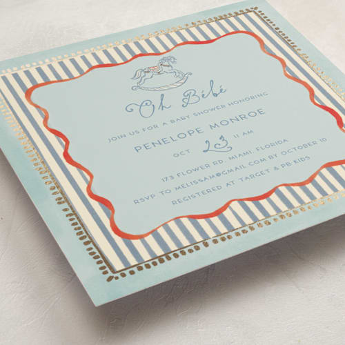 This is a powder foil stamped baby shower invitations with foil pressed by Vera Lim called vintage horse printing on signature in standard