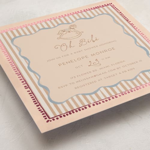 This is a ballet foil stamped baby shower invitations with foil pressed by Vera Lim called vintage horse printing on signature in standard