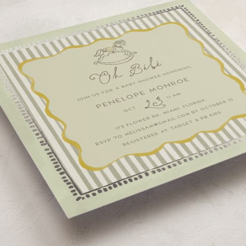 This is a sage foil stamped baby shower invitations with foil pressed by Vera Lim called vintage horse printing on signature in standard