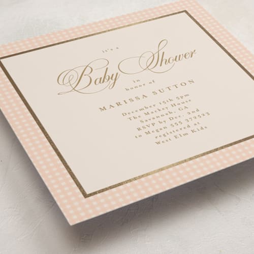 This is a peach foil stamped baby shower invitations with foil pressed by Tamara Hilje called eleganza printing on signature in standard