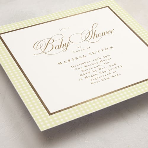 This is a pomelo foil stamped baby shower invitations with foil pressed by Tamara Hilje called eleganza printing on signature in standard