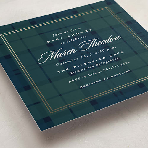 This is a tartan foil stamped baby shower invitations with foil pressed by Lea Delaveris called prep printing on signature in standard