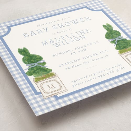 This is a periwinkle baby shower invitations with standard by Jenna Holcomb called topiary printing on signature in standard