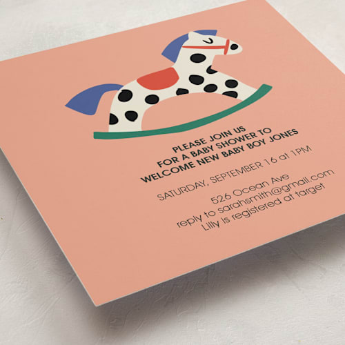 This is a peach baby shower invitations with standard by Harriet Richter called rocking baby shower printing on signature in standard
