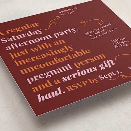 This is a pomegranate baby shower invitations with standard by Madison Kic called increasingly uncomfortable pregnant person printing on signature in standard