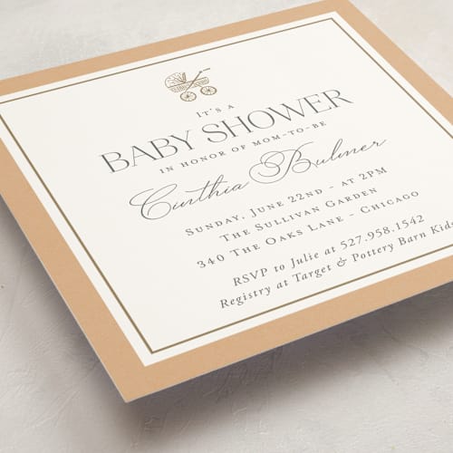 This is a terra baby shower invitations with standard by Lucrecia Caporale called the little heirloom printing on signature in standard