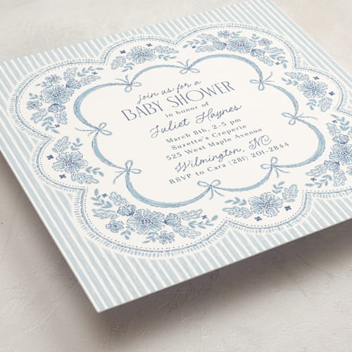 This is a cornflower baby shower invitations with standard by Laura Hankins called handkerchief printing on signature in standard