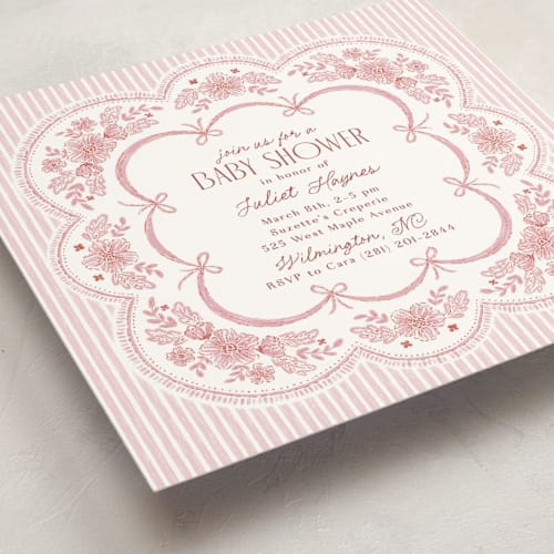 This is a grapefruit baby shower invitations with standard by Laura Hankins called handkerchief printing on signature in standard