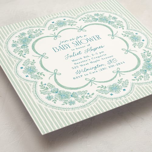 This is a spearmint baby shower invitations with standard by Laura Hankins called handkerchief printing on signature in standard
