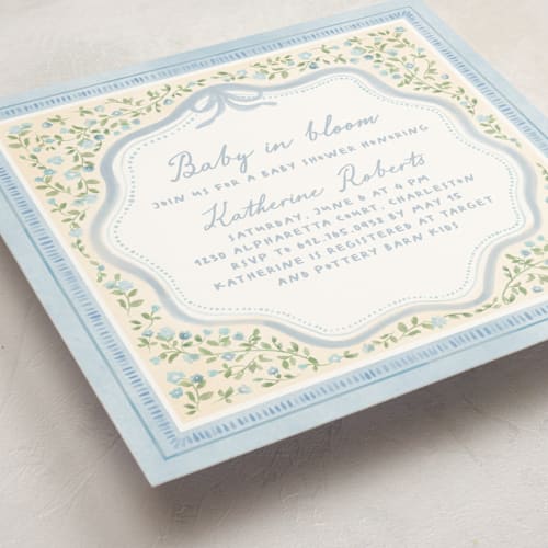This is a powder baby shower invitations with standard by Creo Study called baby in bloom printing on signature in standard