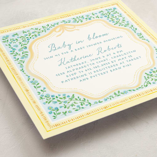 This is a buttercup baby shower invitations with standard by Creo Study called baby in bloom printing on signature in standard