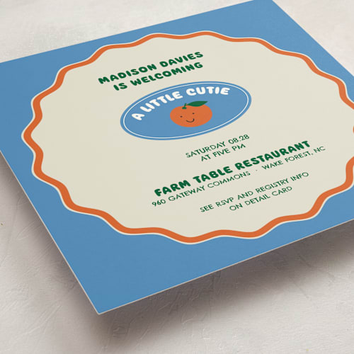 This is a aqua baby shower invitations with standard by Studio Suku called little cutie sticker printing on signature in standard