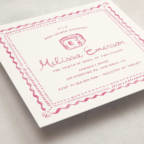 This is a blush baby shower invitations with standard by Claudia Orengo called letter box printing on signature in standard