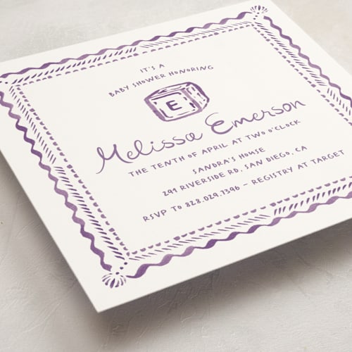 This is a lavender baby shower invitations with standard by Claudia Orengo called letter box printing on signature in standard