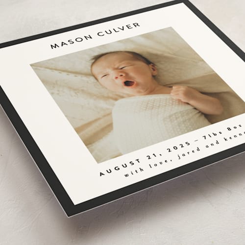 This is a charcoal birth announcements with standard by JoAnn Jinks called square printing on signature in standard