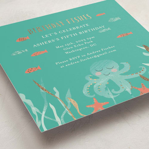 This is a caribbean coral kids birthday invitations with foil pressed by Hallie Fischer called birthday fishes printing on signature in standard