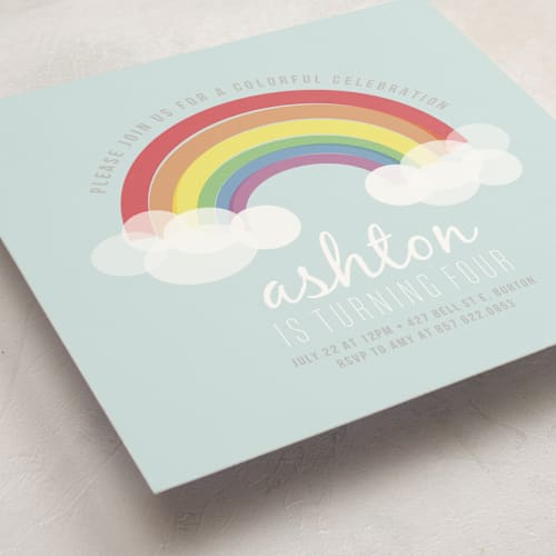 This is a soft teal kids birthday invitations with standard by Angela Garrick called rainbow celebration printing on signature in standard