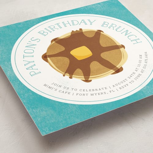This is a teal kids birthday invitations with standard by Kelly Nasuta called birthday brunch printing on signature in standard