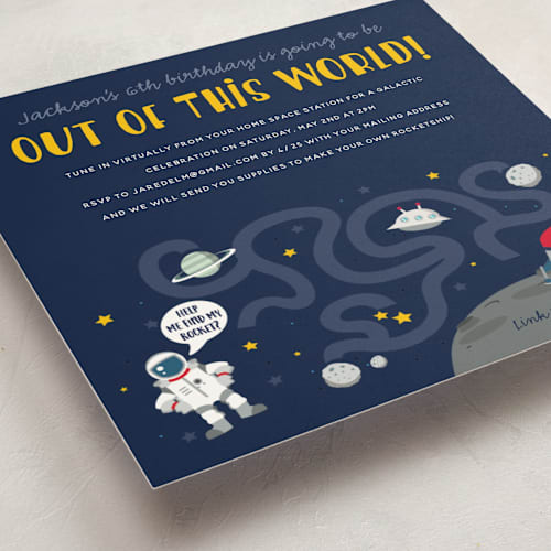 This is a deep space kids birthday invitations with standard by Oma N. Ramkhelawan called out of this world printing on signature in standard