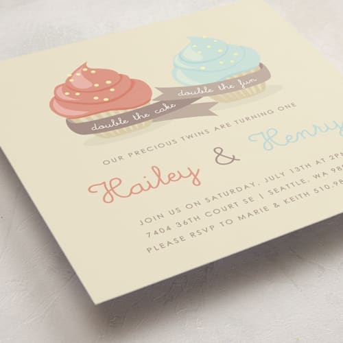 This is a cake kids birthday invitations with standard by Serenity Avenue called double cupcake fun printing on signature in standard