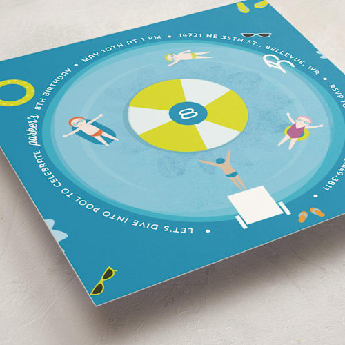 This is a sunshine kids birthday invitations with standard by Anupama called splash pool party printing on signature in standard