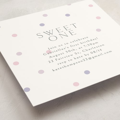 This is a mixed berry kids birthday invitations with standard by Angela Thompson called sweet polka dots printing on signature in standard