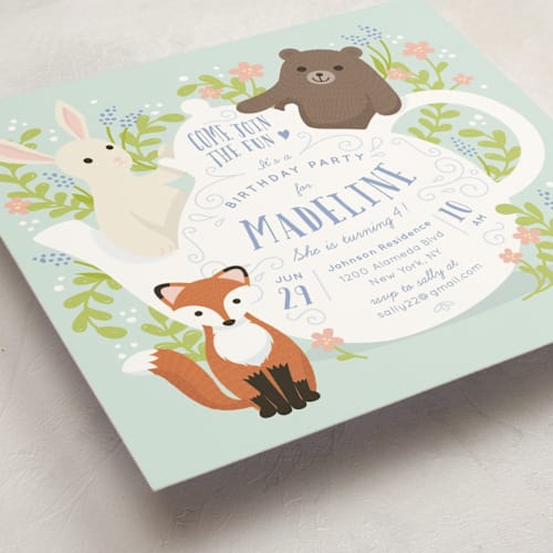 This is a frost kids birthday invitations with standard by Shannon Chen of Four Wet Feet Studio called tea party with animals printing on signature in standard