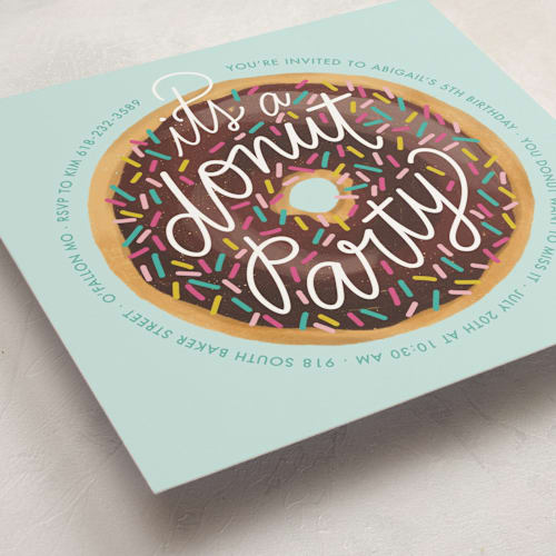 This is a chocolate kids birthday invitations with standard by Jen Owens called donut party printing on signature in standard