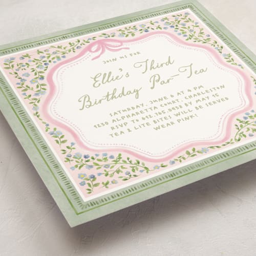 This is a garden glory kids birthday invitations with standard by Creo Study called birthday par-tea printing on signature in standard
