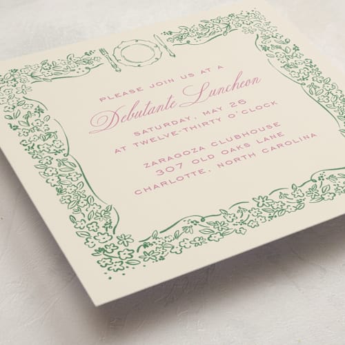 This is a garden debutante party invitations with standard by Pati Cascino called reticella printing on signature in standard
