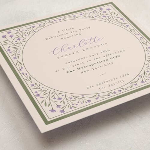 This is a lavender debutante party invitations with standard by Adelyn T. called garden printing on signature in standard