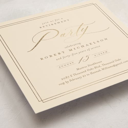 This is a ecru holiday party invitations with foil pressed by Kamala Nahas called classic celebration printing on signature in standard