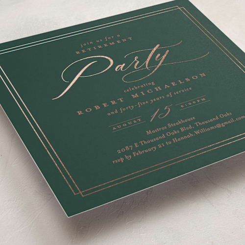 This is a spruce holiday party invitations with foil pressed by Kamala Nahas called classic celebration printing on signature in standard