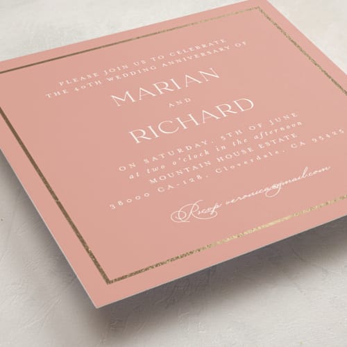 This is a dusty rose holiday party invitations with foil pressed by Lucrecia Caporale called timeless charm printing on signature in standard