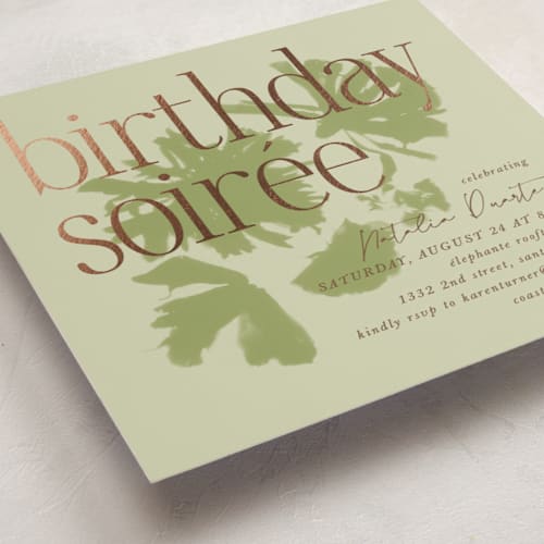 This is a tappenade holiday party invitations with foil pressed by Kamala Nahas called birthday soiree printing on signature in standard